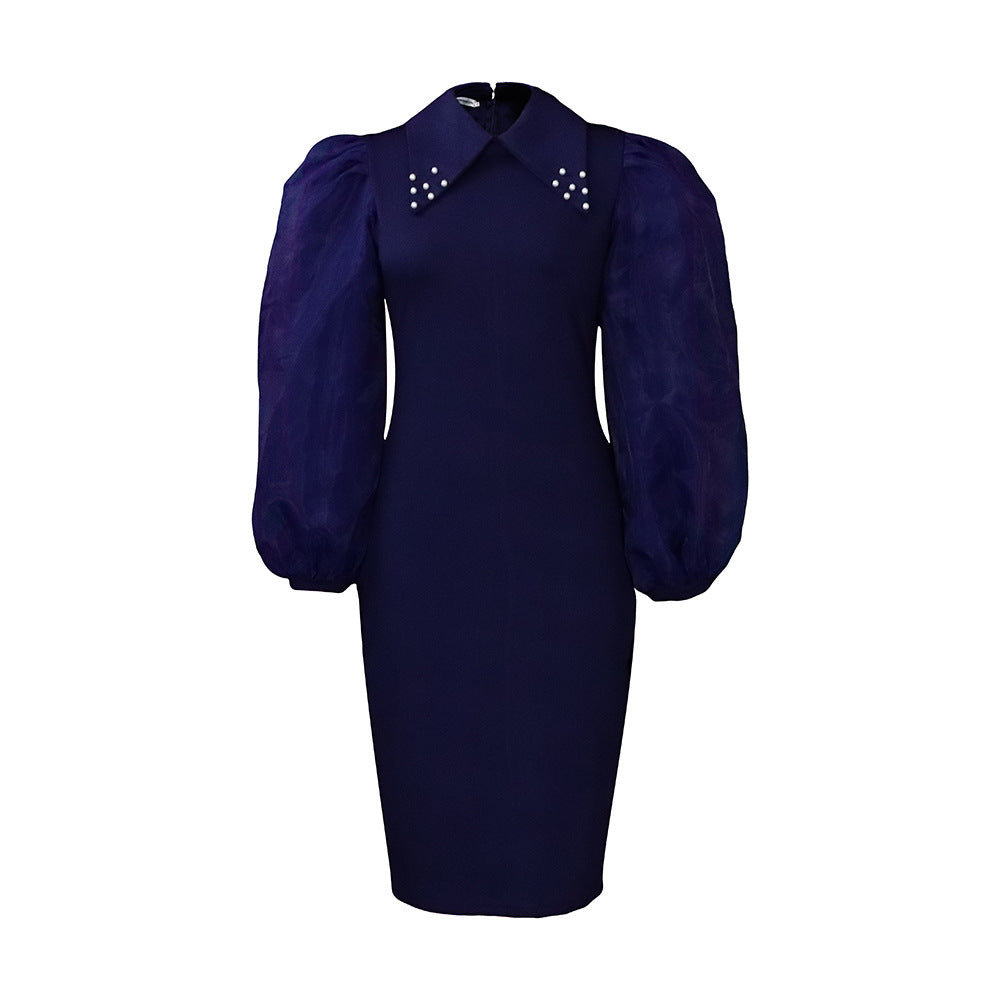 Women's Clothing Spring And Autumn Long Sleeve Large Size Sheath Beaded Mesh Stitching Ol Pencil Skirt