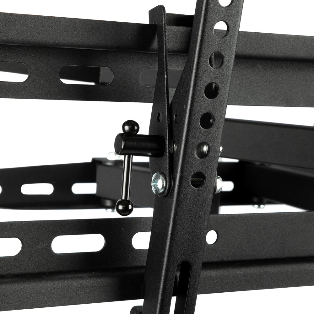 Close-up of a black TV mount bracket on a white background