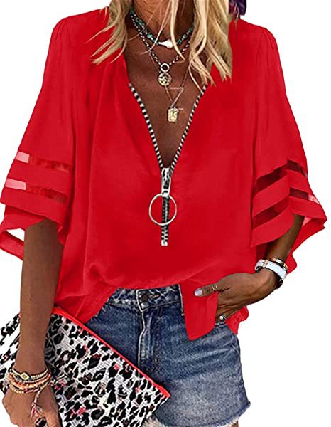 V-neck Zipper Shirt Half Bell Sleeve Mesh Stitching Shirt