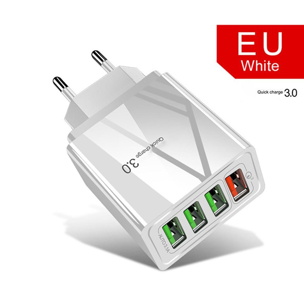 White USB charger with three ports on a white background, labeled 'EU White'.