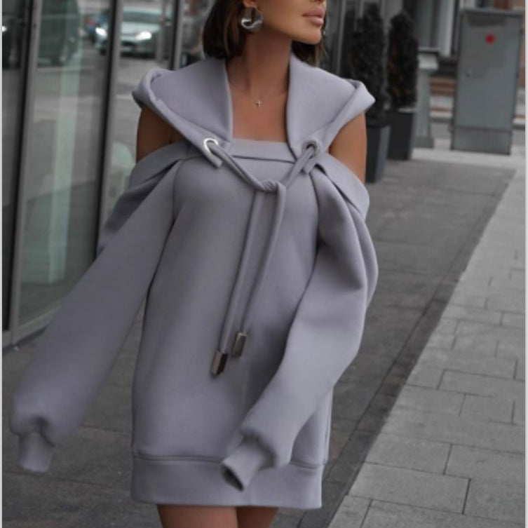 Solid color stitching off-shoulder long-sleeved sweater