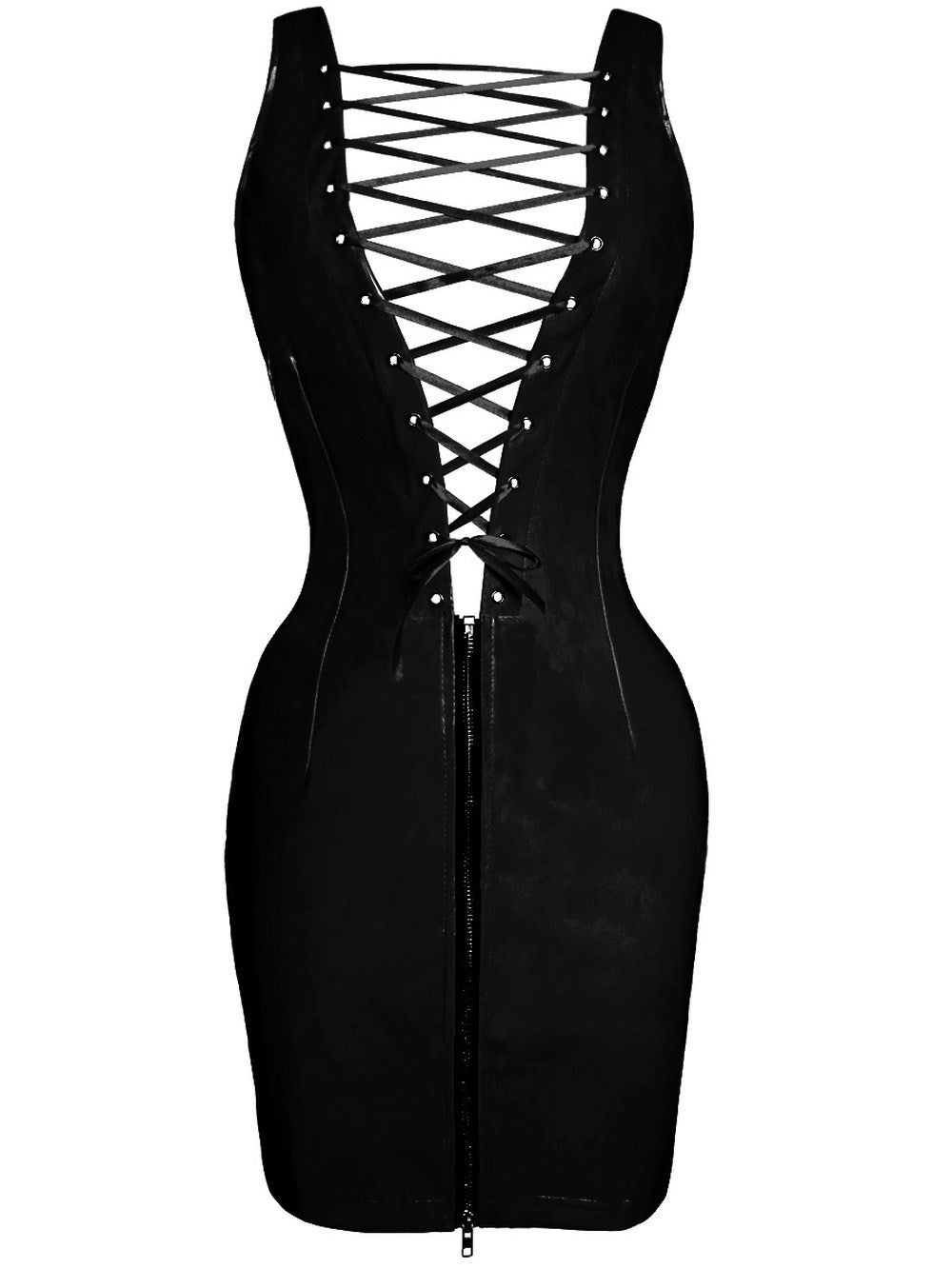 Slim-fit back zip dress with shiny leather front tie