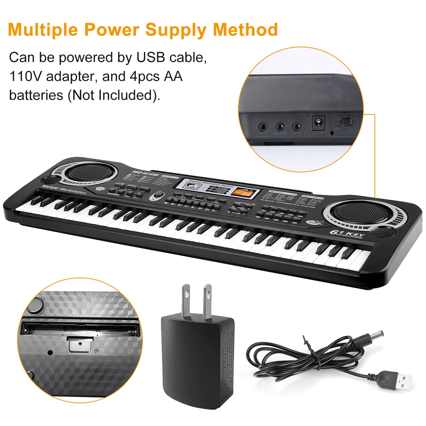 Keyboard with power supply options including USB cable, adapter, and batteries.