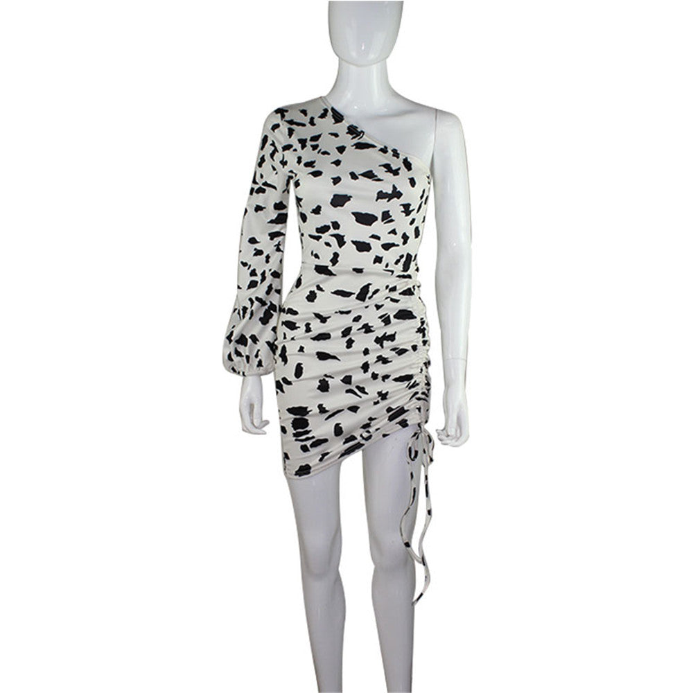 Women's Clothing Socialite Cows Pattern Skirt Slim-fit Oblique Shoulder Dress