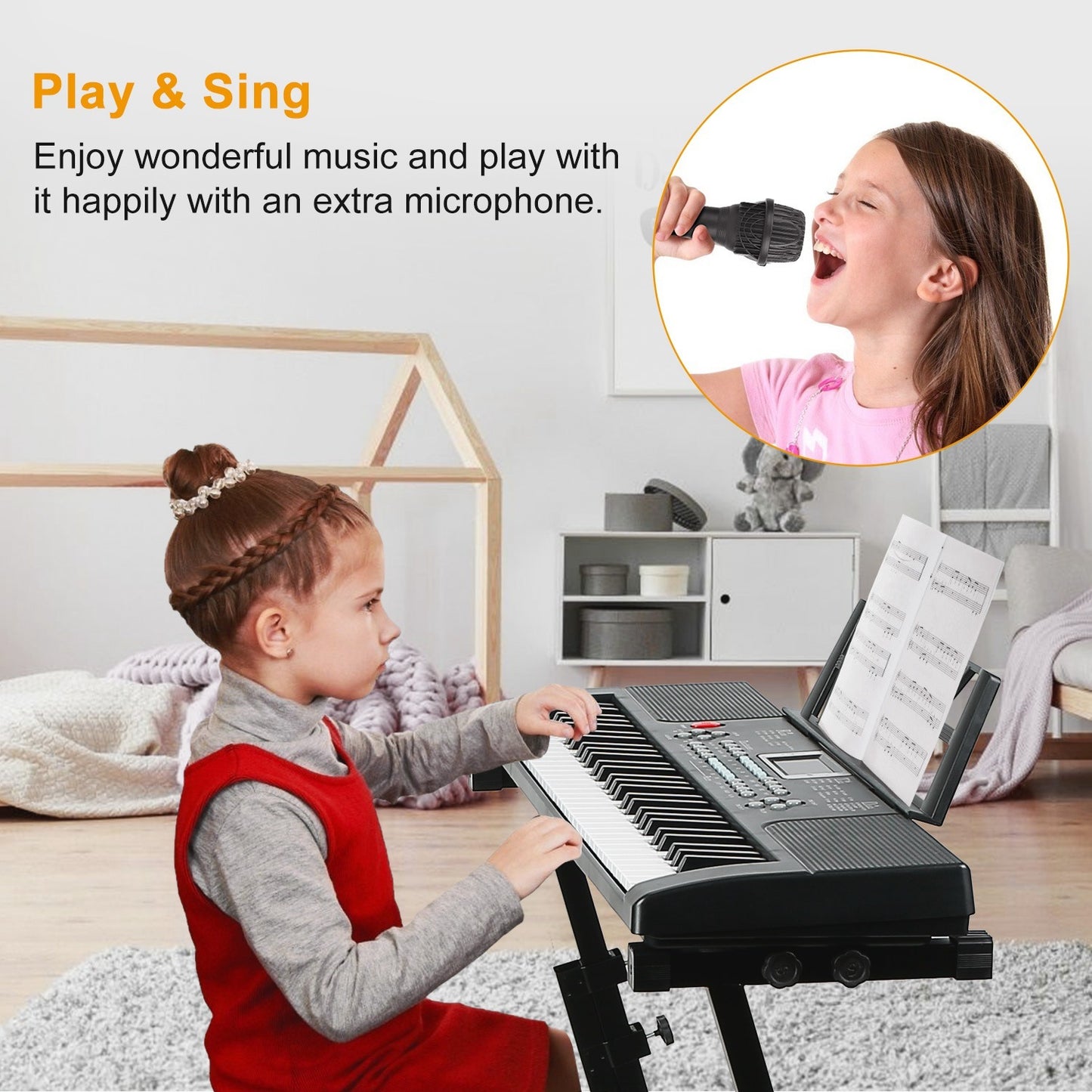 Child playing a keyboard with an inset of a child singing into a microphone, set in a home environment.