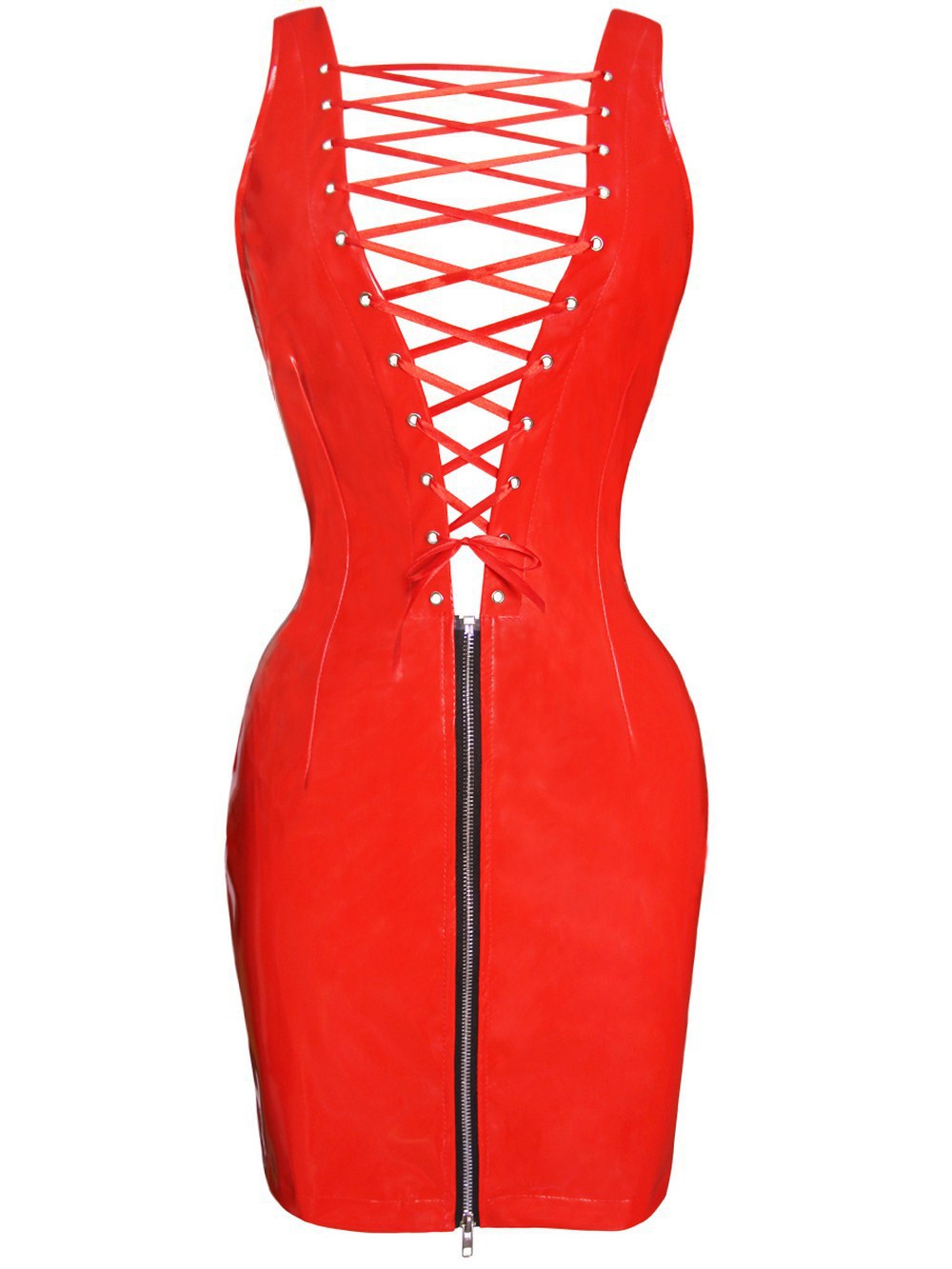 Slim-fit back zip dress with shiny leather front tie