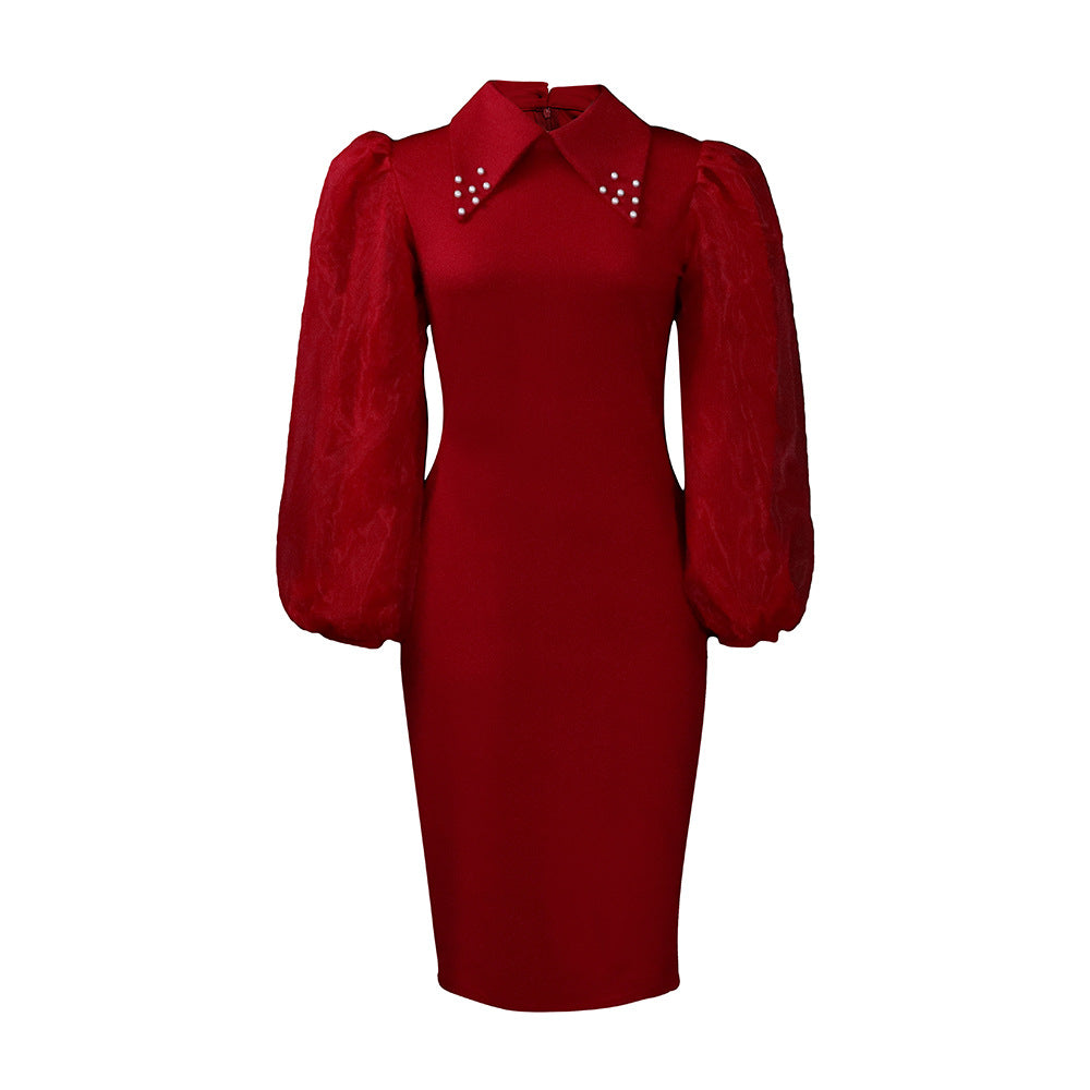 Women's Clothing Spring And Autumn Long Sleeve Large Size Sheath Beaded Mesh Stitching Ol Pencil Skirt