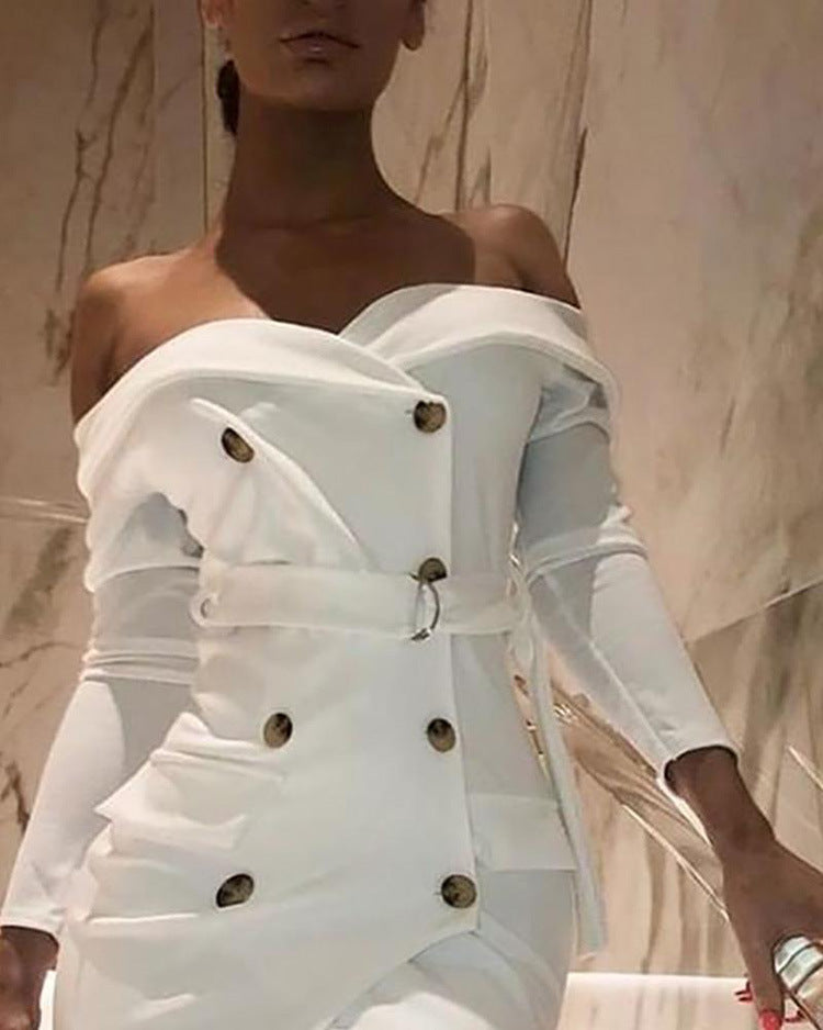 Off-the-shoulder long-sleeved beige dress