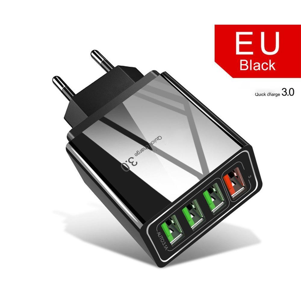 Black USB charger with three ports on a white background, labeled 'EU Black'.