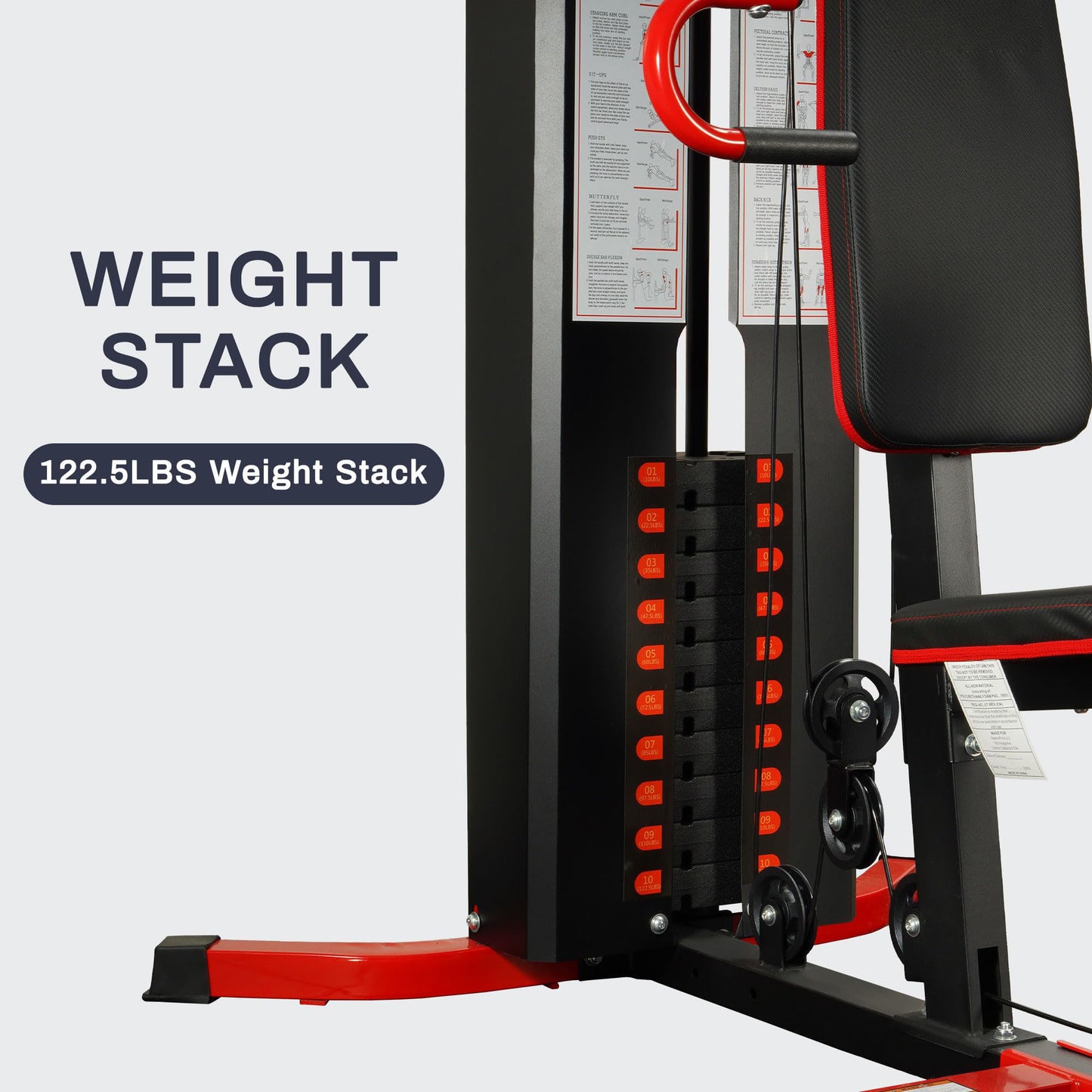 Fitness machine with weight stack labeled '122.5LBS Weight Stack' on a white background