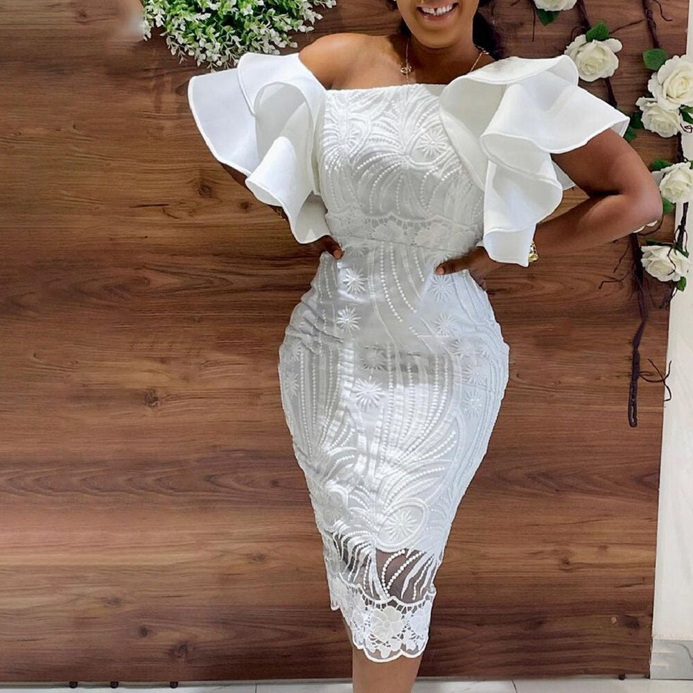 Ladies Slit Solid Color One Neck White Dress