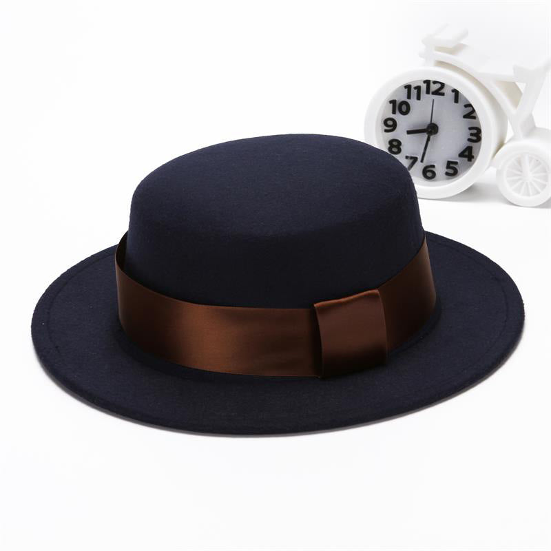 Solid color woolen top hat and flat brim hat