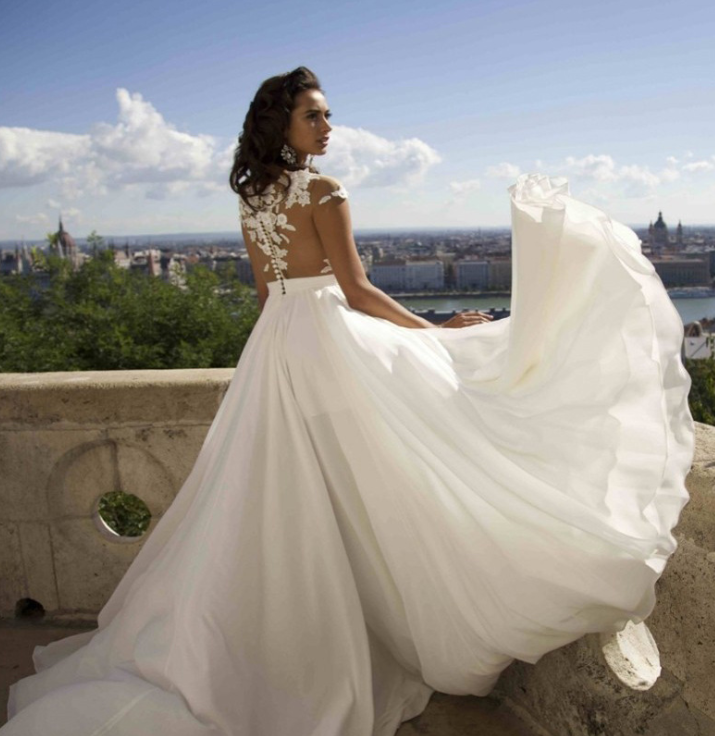 Bohemian wedding dress A word applique floor length chiffon bride dress custom side elegant wedding dress