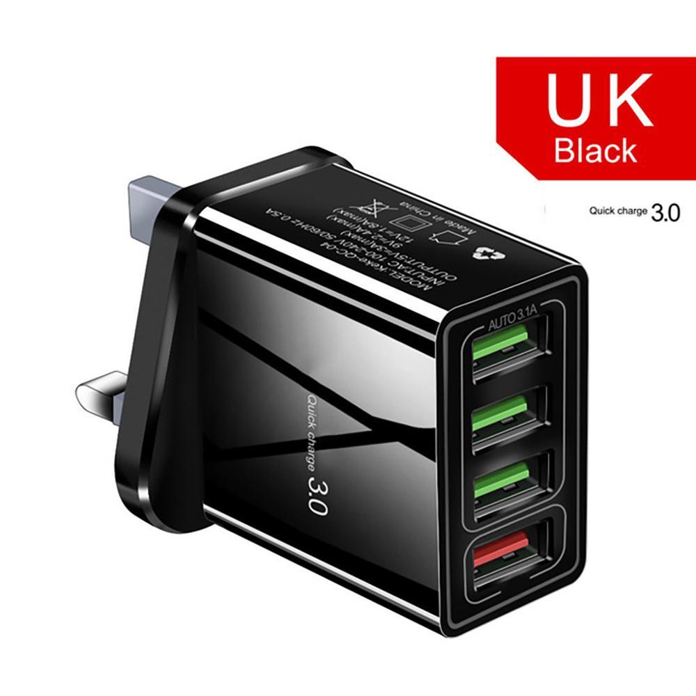 Black USB charger with multiple ports on a white background, labeled 'UK Black'.