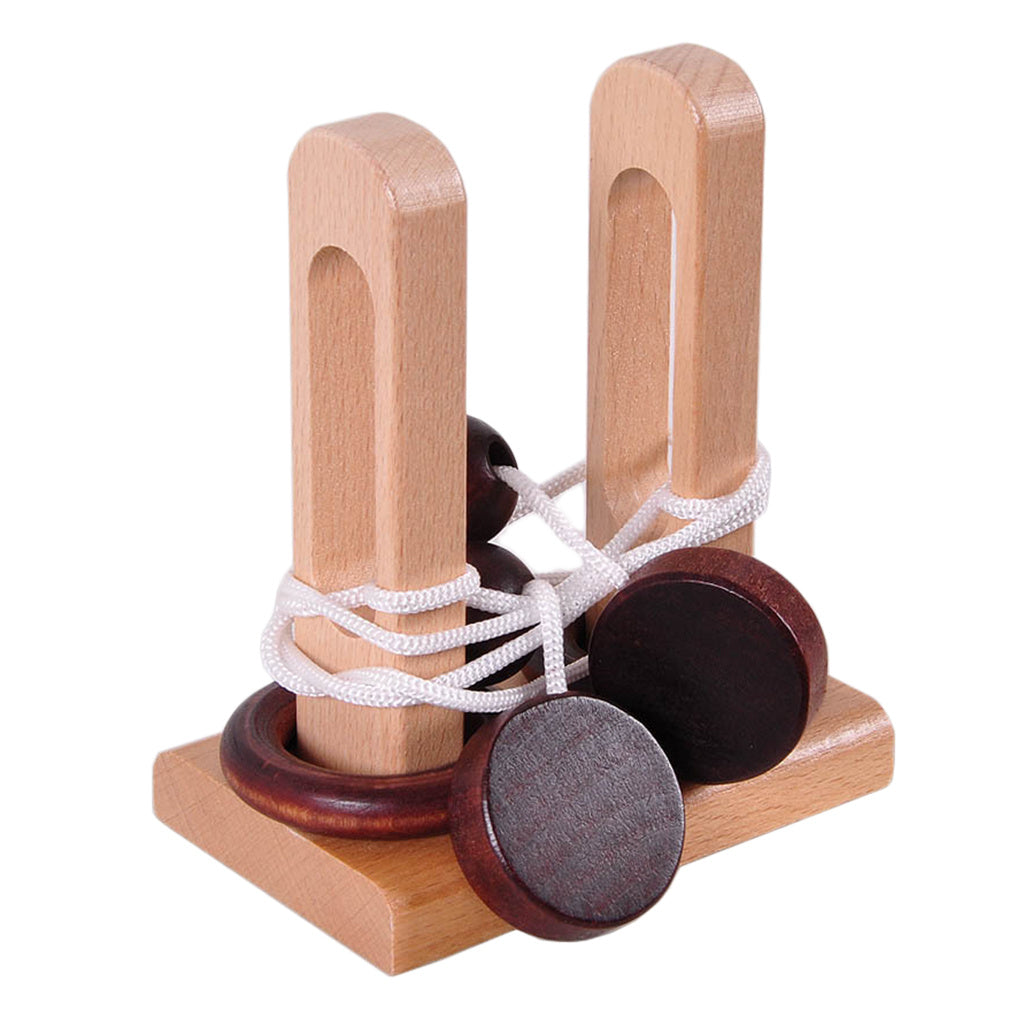 A wooden puzzle game featuring a rectangular board with two wooden rods and a white rope.