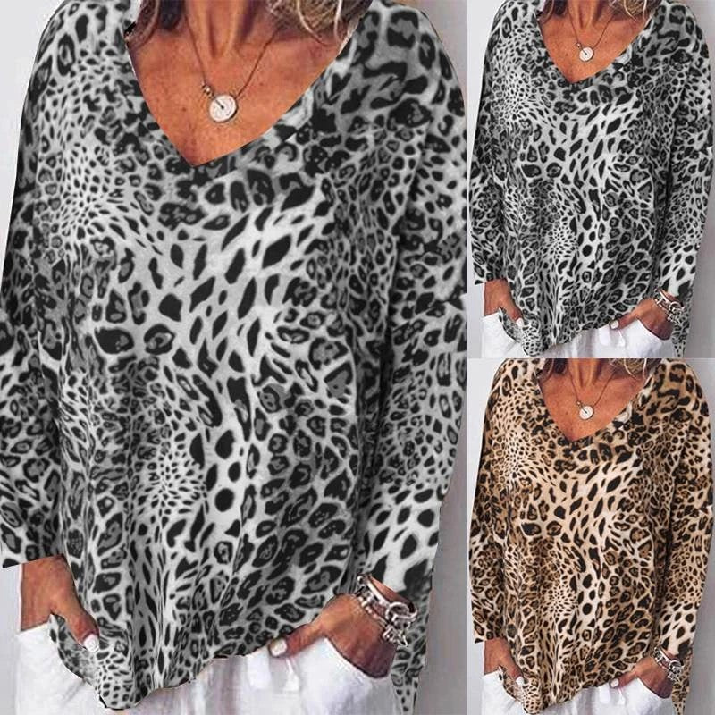 Leopard Print Casual V-Neck Top Long Sleeve Blouse
