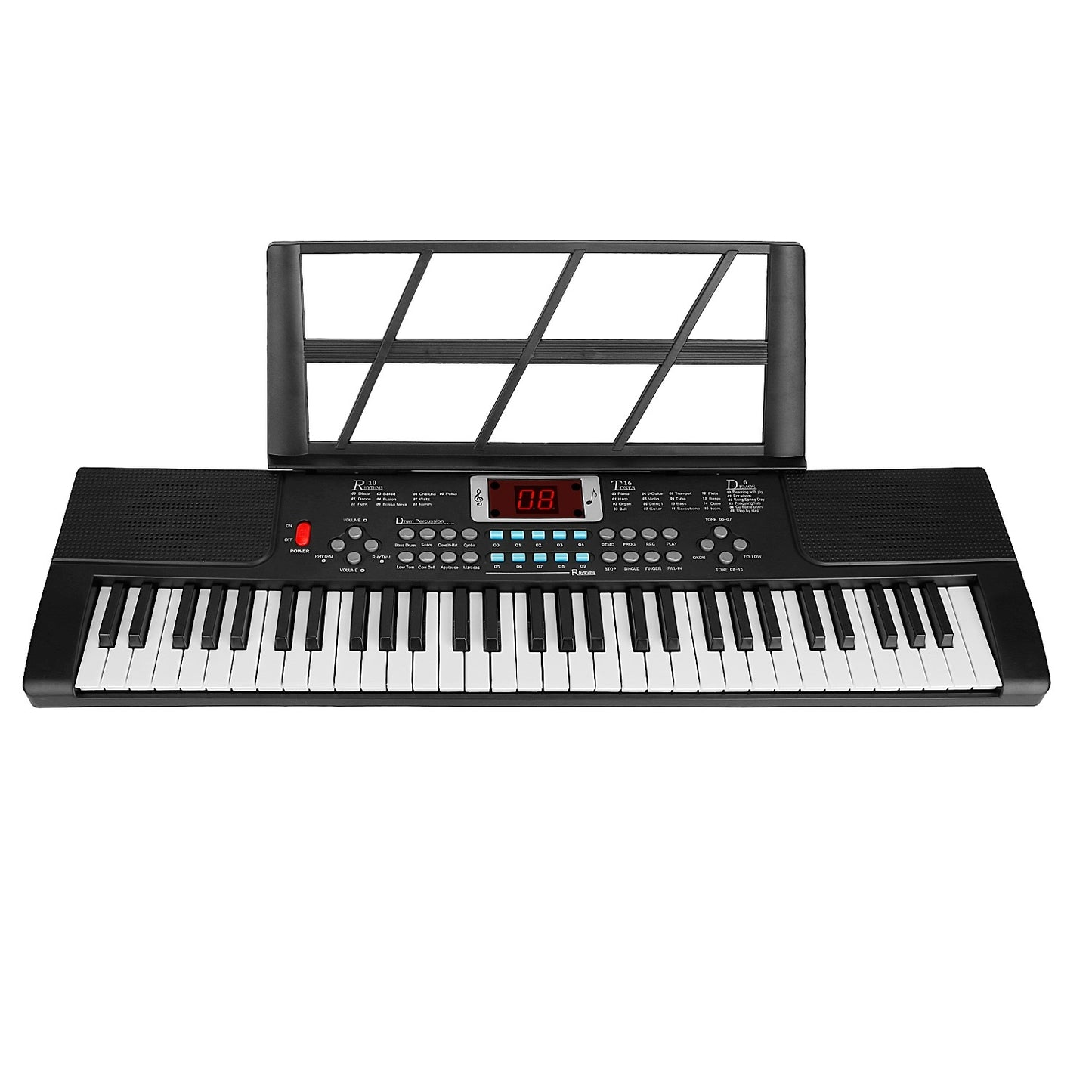 Black electronic keyboard with digital display on a white background