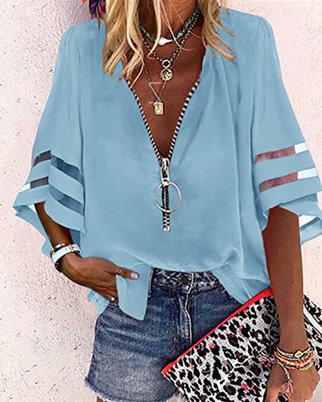 V-neck Zipper Shirt Half Bell Sleeve Mesh Stitching Shirt