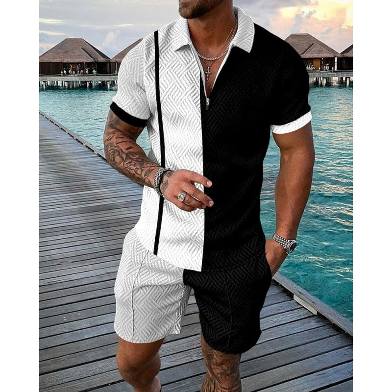 Men's Casual Striped Zip Short Sleeve Suit