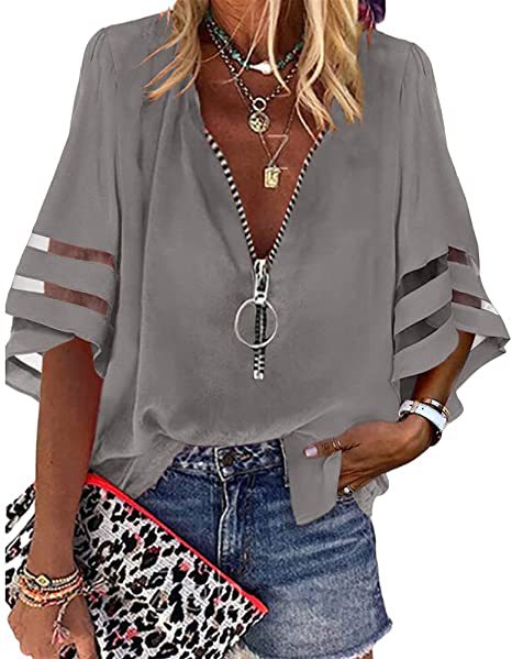 V-neck Zipper Shirt Half Bell Sleeve Mesh Stitching Shirt