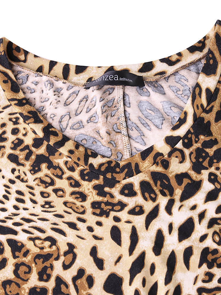 Leopard Print Casual V-Neck Top Long Sleeve Blouse