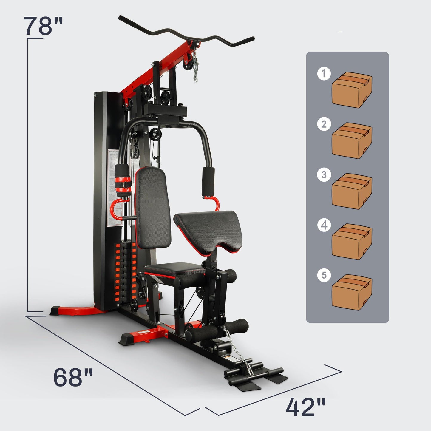 Gym machine with dimensions and packaging illustration on a white background