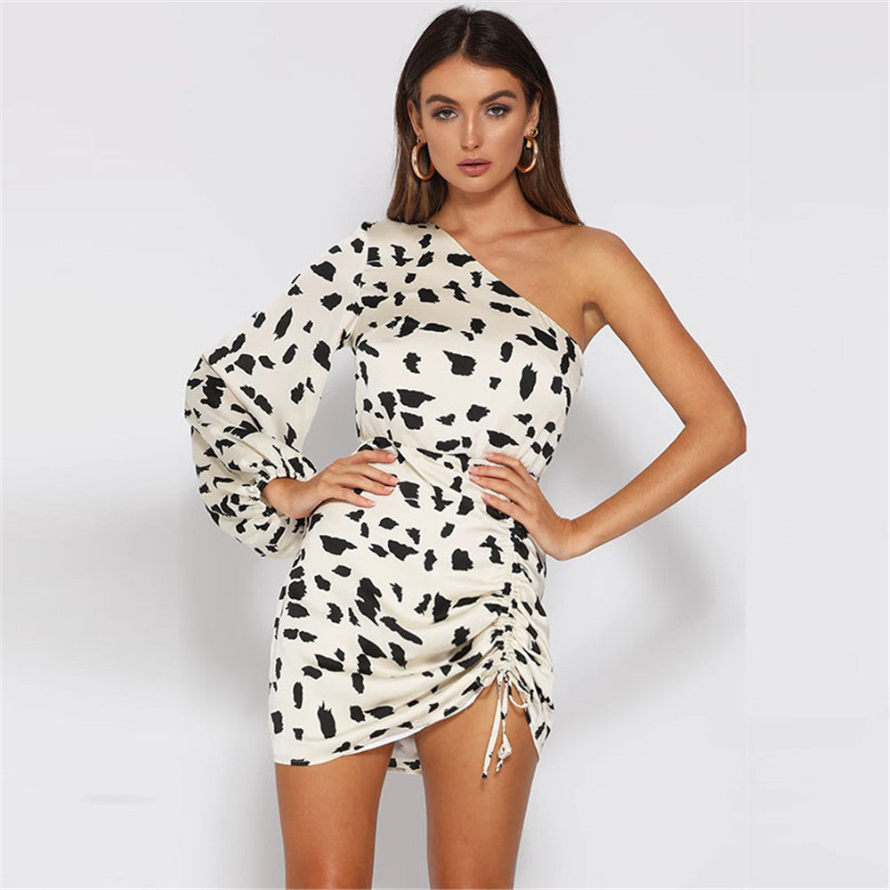 Women's Clothing Socialite Cows Pattern Skirt Slim-fit Oblique Shoulder Dress