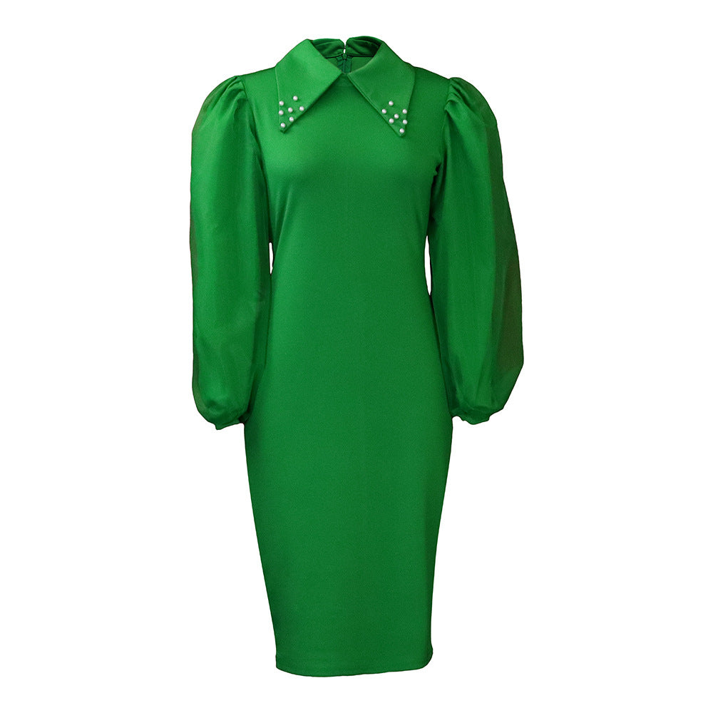 Women's Clothing Spring And Autumn Long Sleeve Large Size Sheath Beaded Mesh Stitching Ol Pencil Skirt