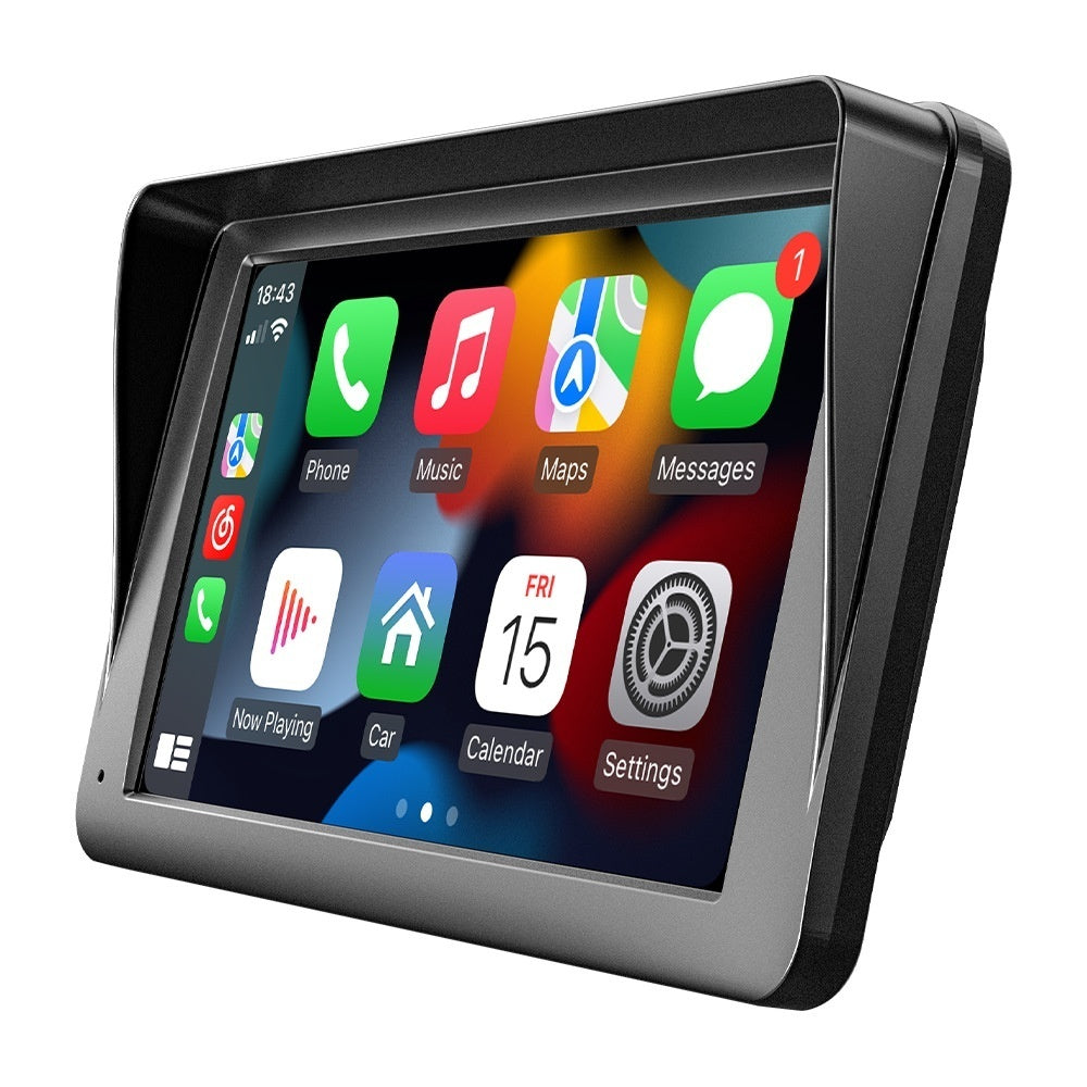 Car dashboard display with app icons on a white background