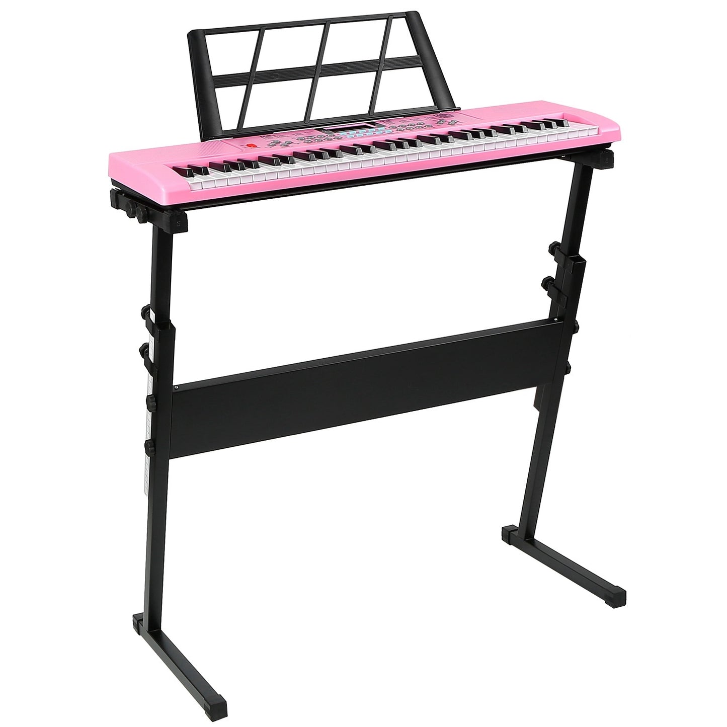 Pink keyboard on a black stand with music stand on a white background