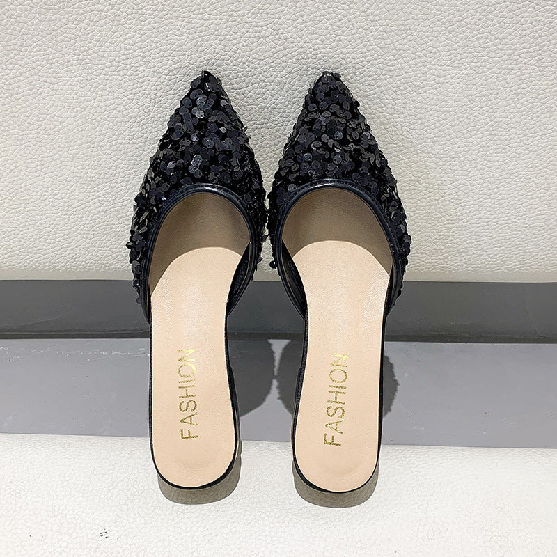 Sequined Half Slippers Pointed Toe Thick Heel Low Heel Women Shoes