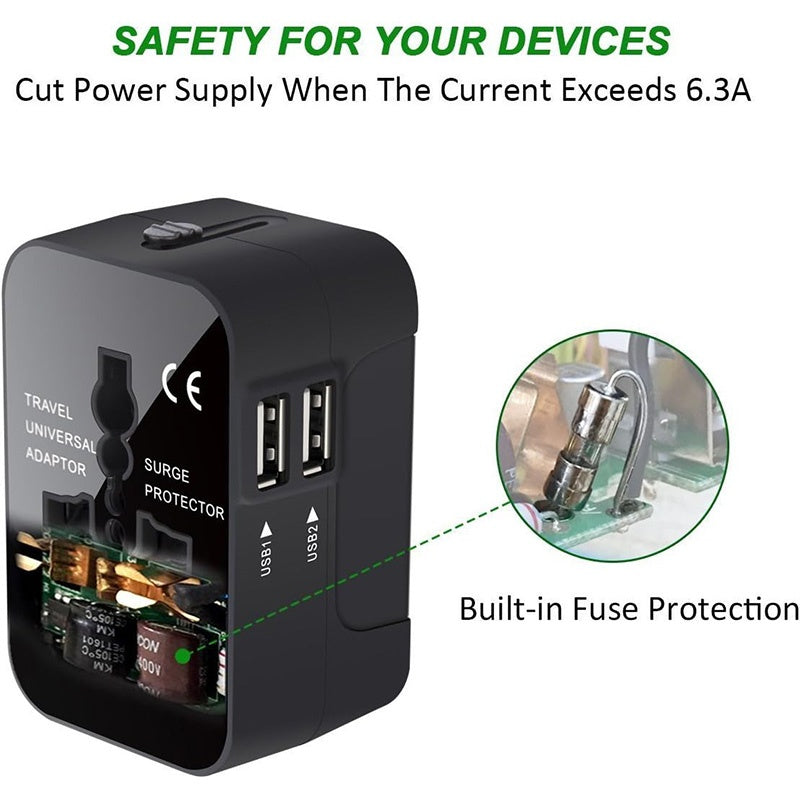 Black travel adapter with multiple ports and safety features highlighted, including a close-up of fuse protection.