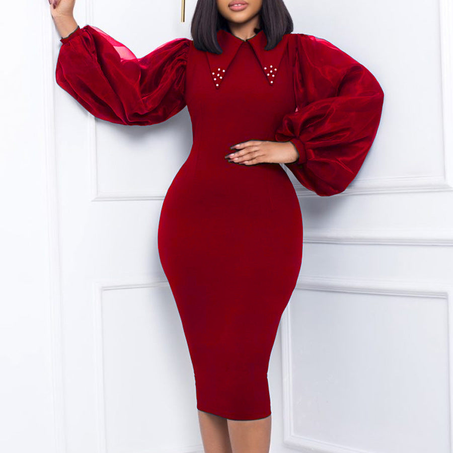 Women's Clothing Spring And Autumn Long Sleeve Large Size Sheath Beaded Mesh Stitching Ol Pencil Skirt