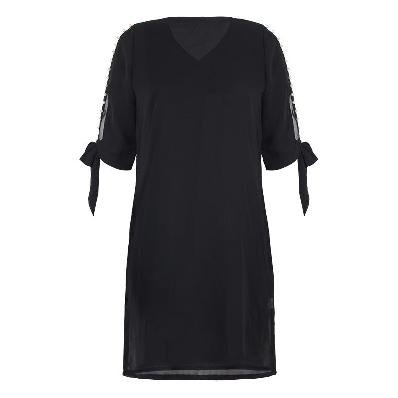 Solid Color Off-the-shoulder V-neck Beaded Short Sleeve Loose Dress