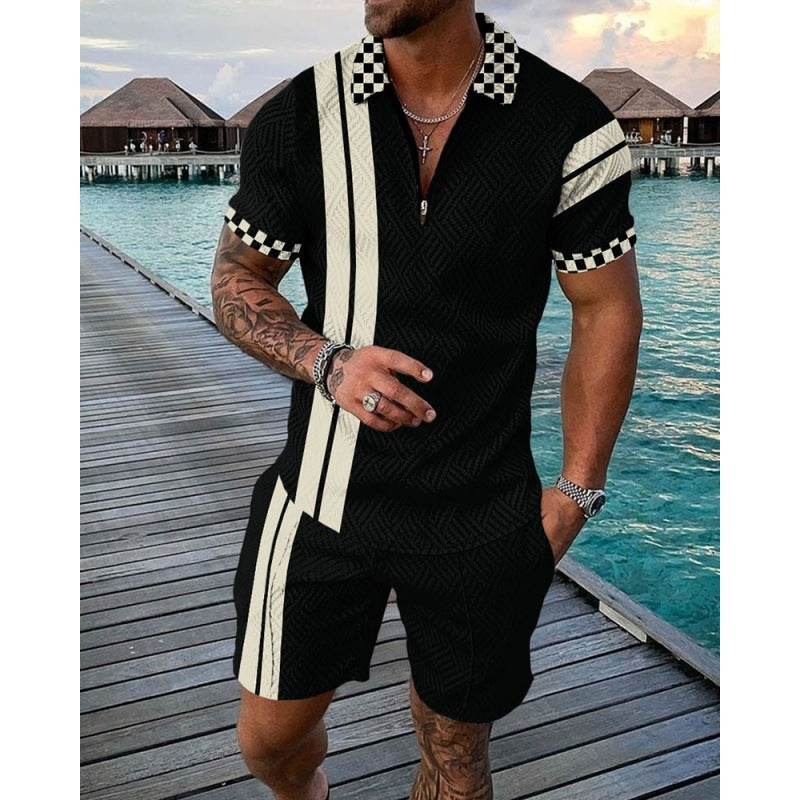 Men's Casual Striped Zip Short Sleeve Suit