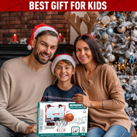 Family of three with a child holding a basketball set, Christmas tree in the background