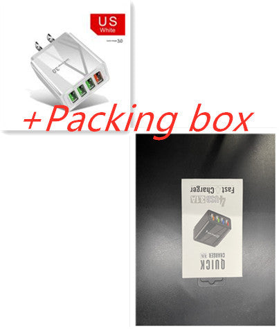 White travel adapter with a red 'US' label on a white background, next to a black box with a white label.