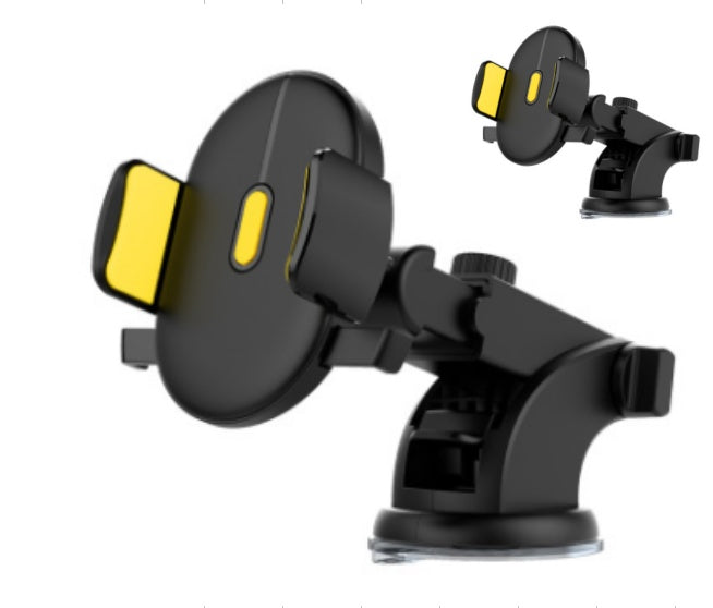 Black and yellow car phone holder with additional suction cup attachment on a white background