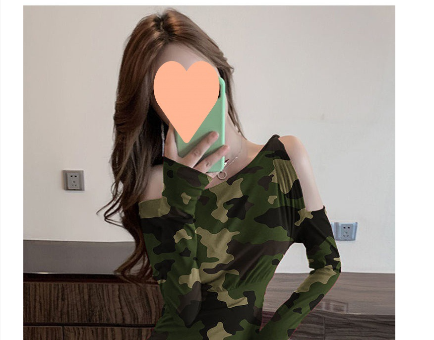 Long Sleeve Camouflage Print Off Shoulder Dress