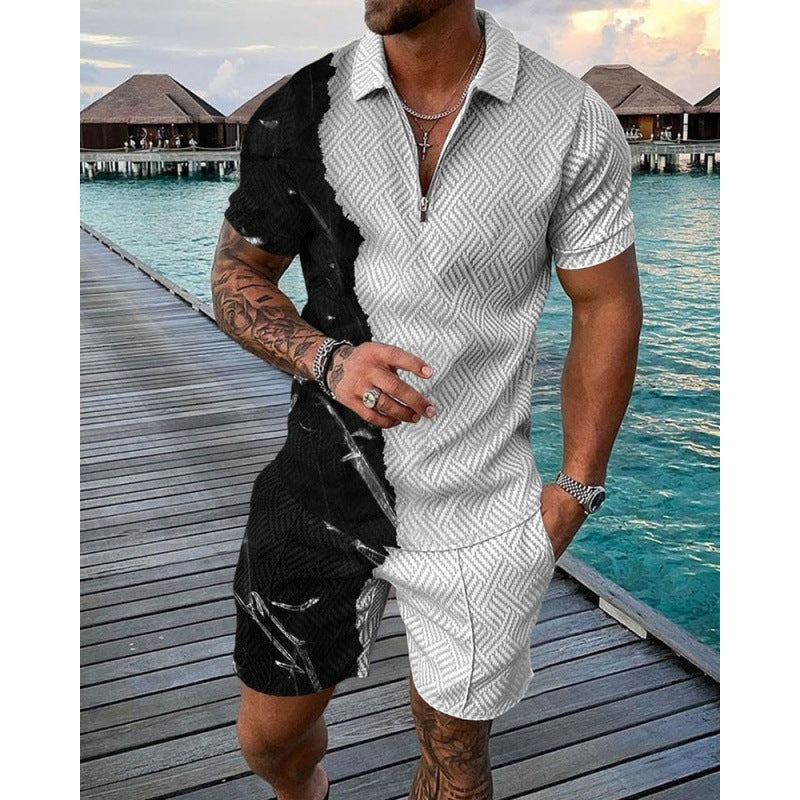 Men's Casual Striped Zip Short Sleeve Suit
