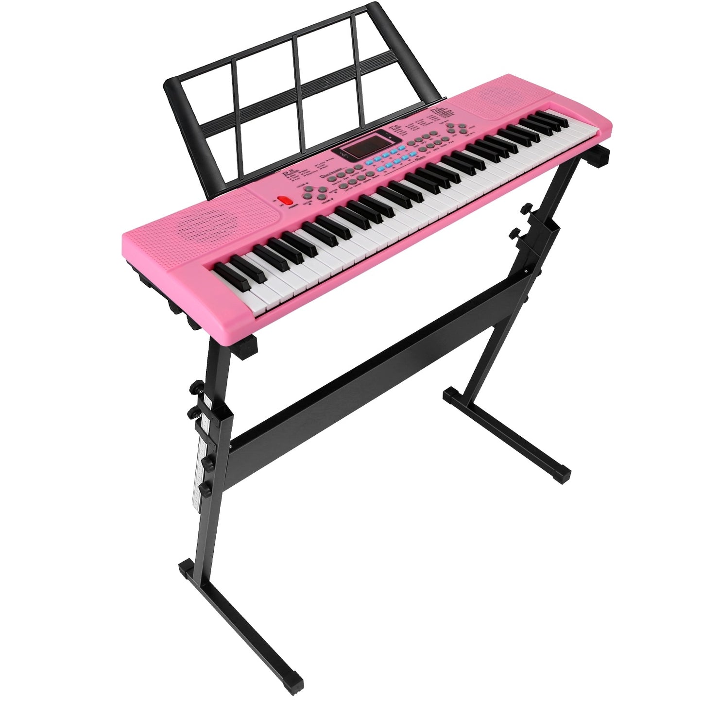 Pink keyboard with stand on a white background