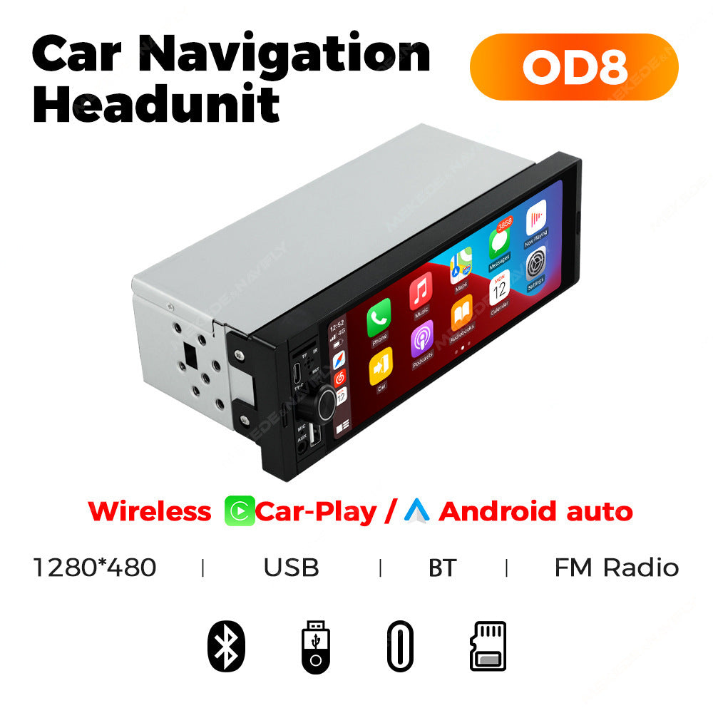 Car navigation headunit with display and control buttons on a white background