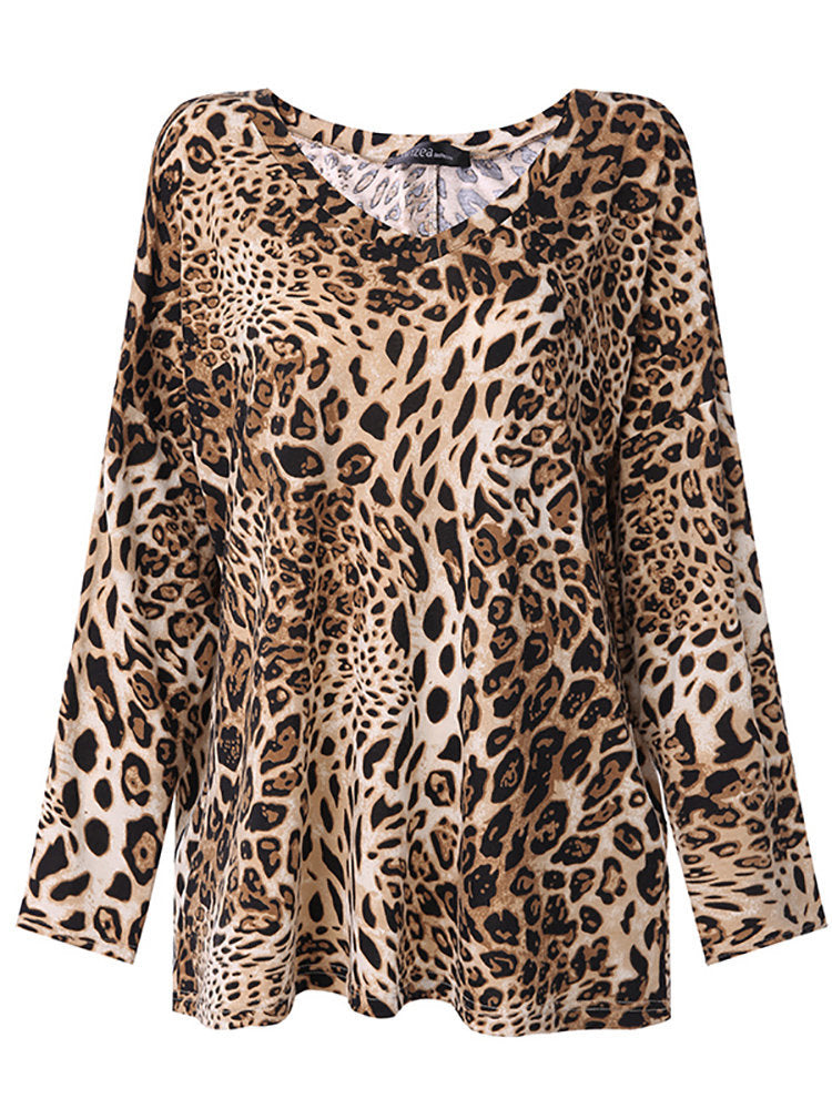 Leopard Print Casual V-Neck Top Long Sleeve Blouse