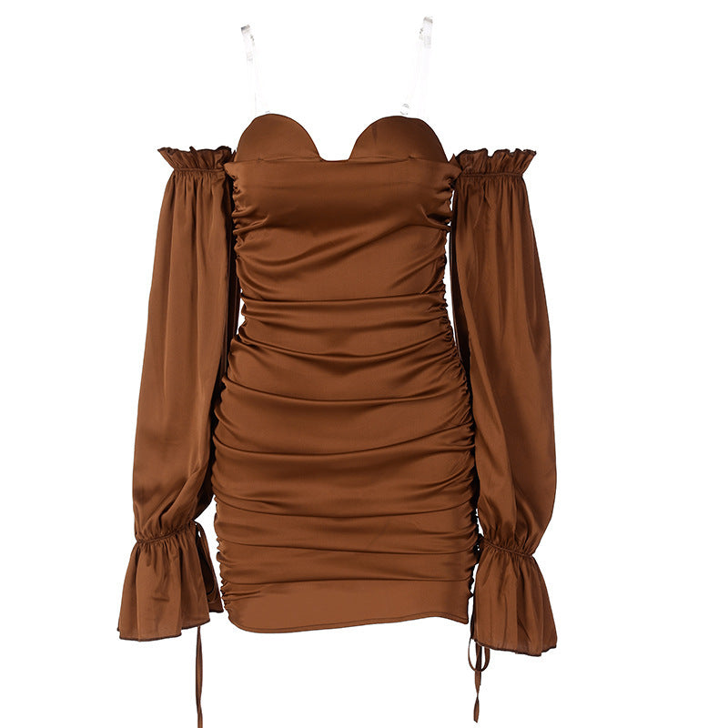 Solid Color Off-the-shoulder Lantern Sleeve Tube Top Pleated Hip Dress