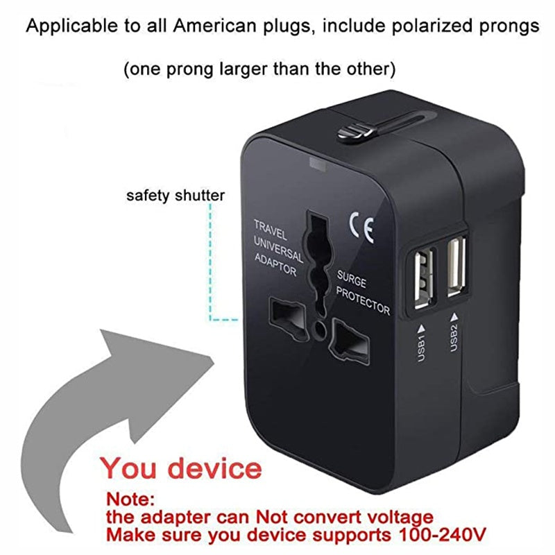 Black travel adapter with USB ports on a white background