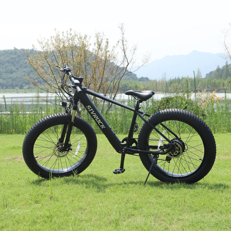Black electric bike on grass with a scenic background