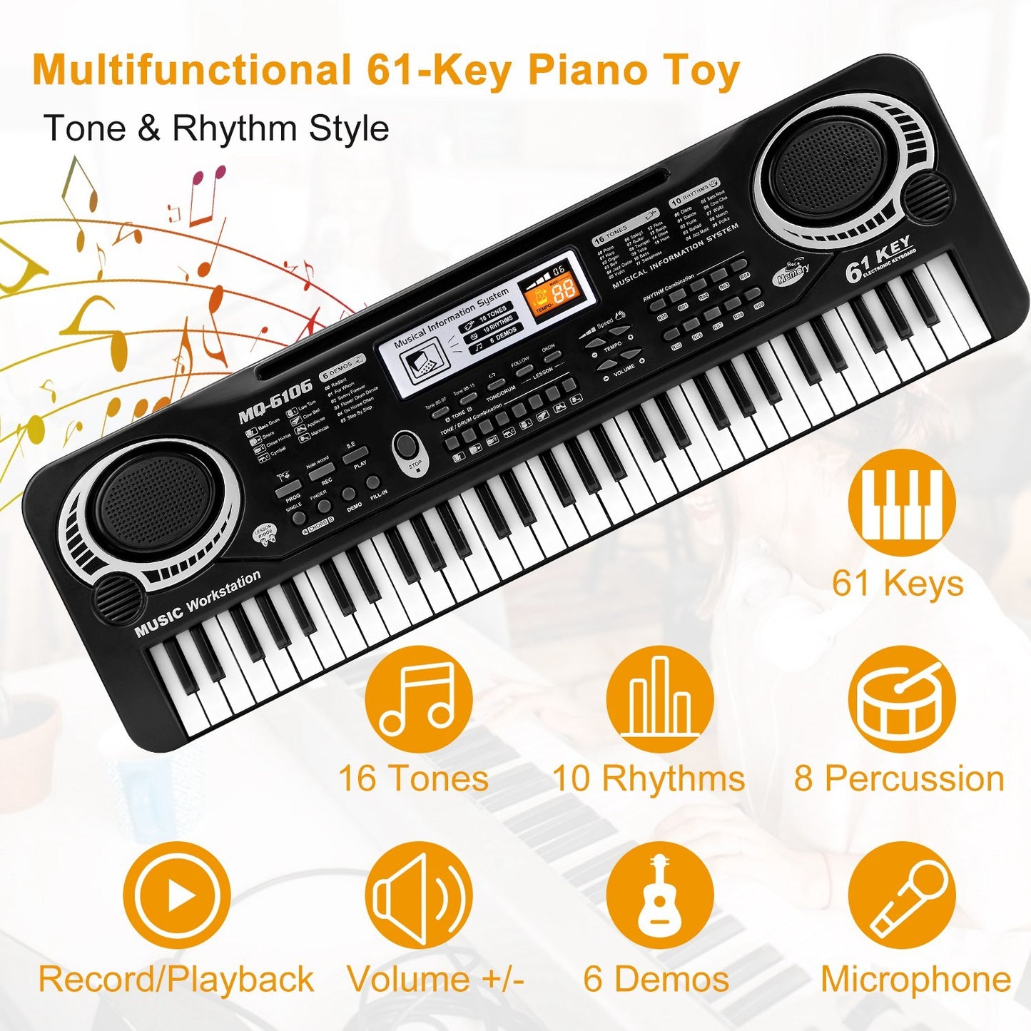 Multifunctional 61-key piano toy with key features highlighted on a white background