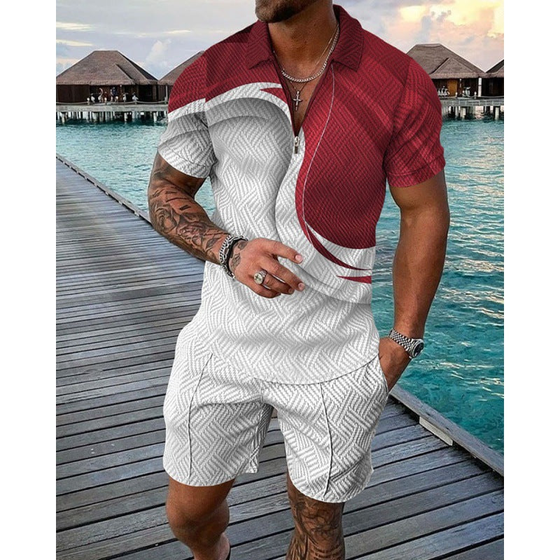 Men's Casual Striped Zip Short Sleeve Suit