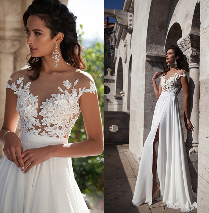 Bohemian wedding dress A word applique floor length chiffon bride dress custom side elegant wedding dress