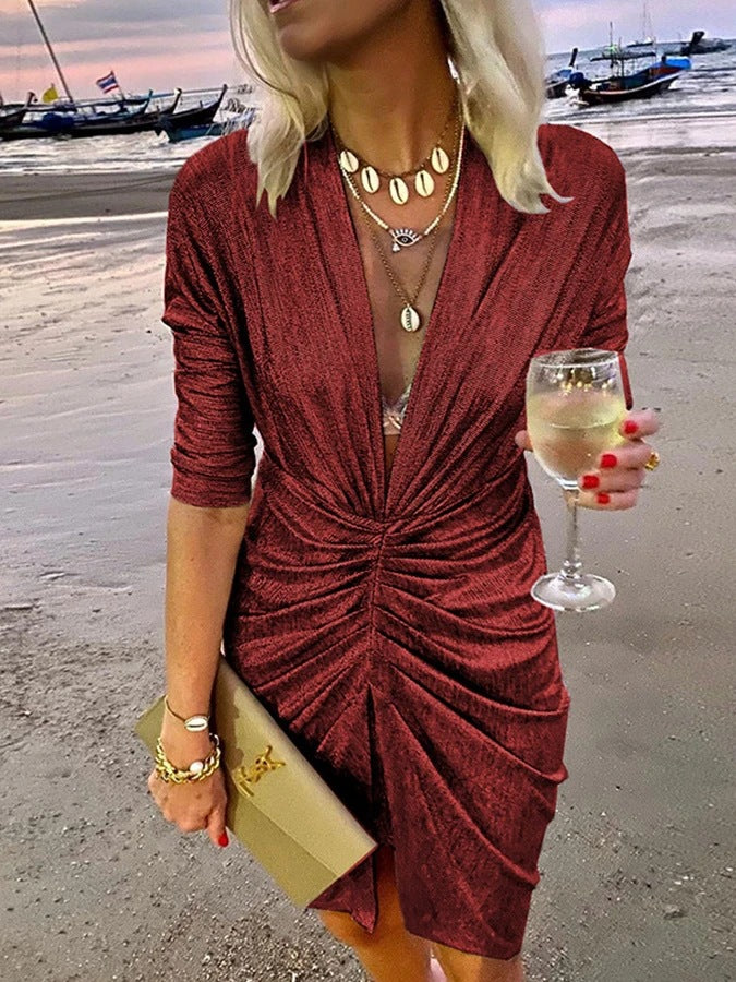 Stretch Long Sleeve V-neck Nightclub Dress Women's Clothing